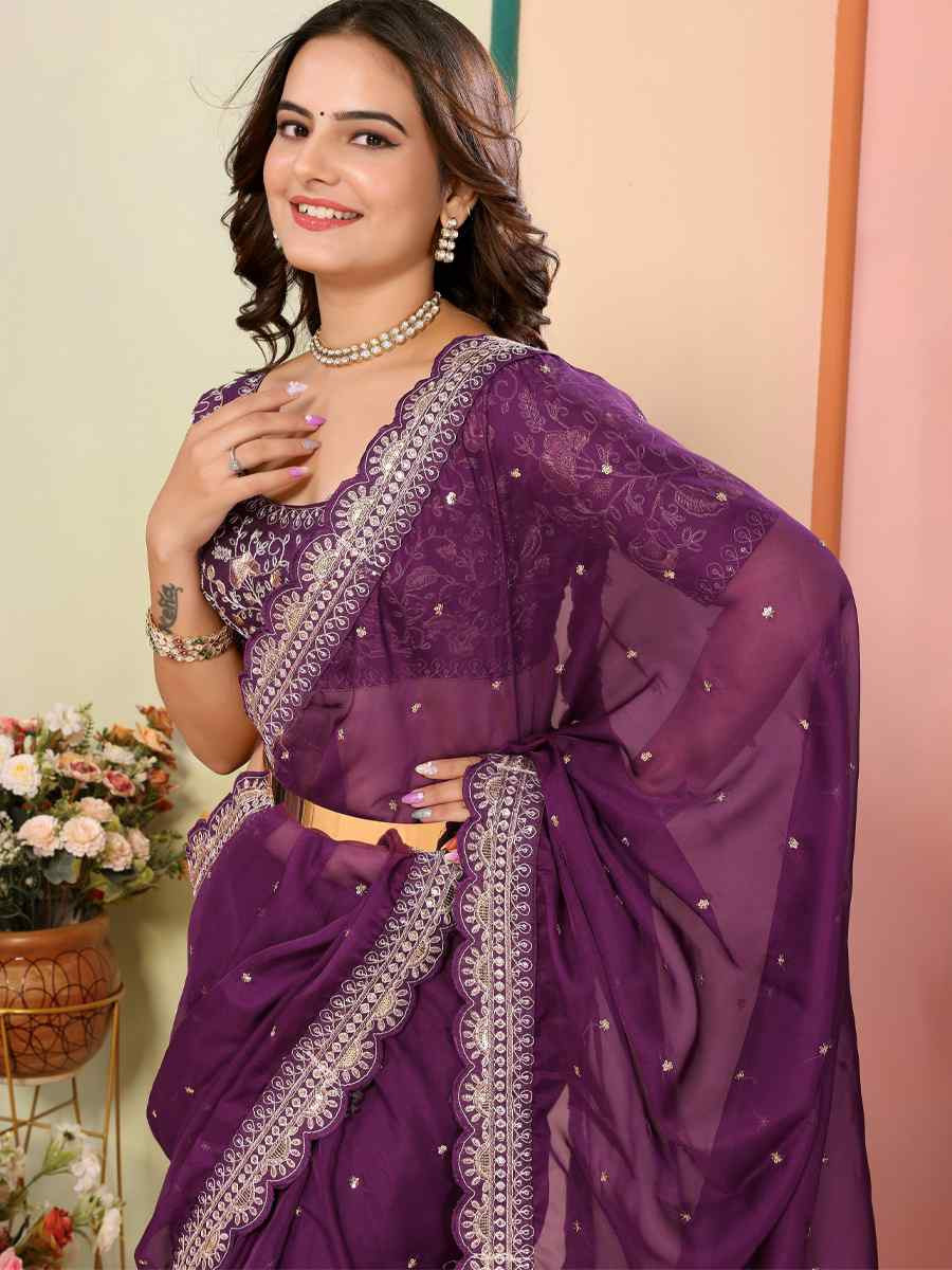 Wine Organza Embroidery Traditional Festival Reception Festival Wedding Fancy Heavy Border Saree