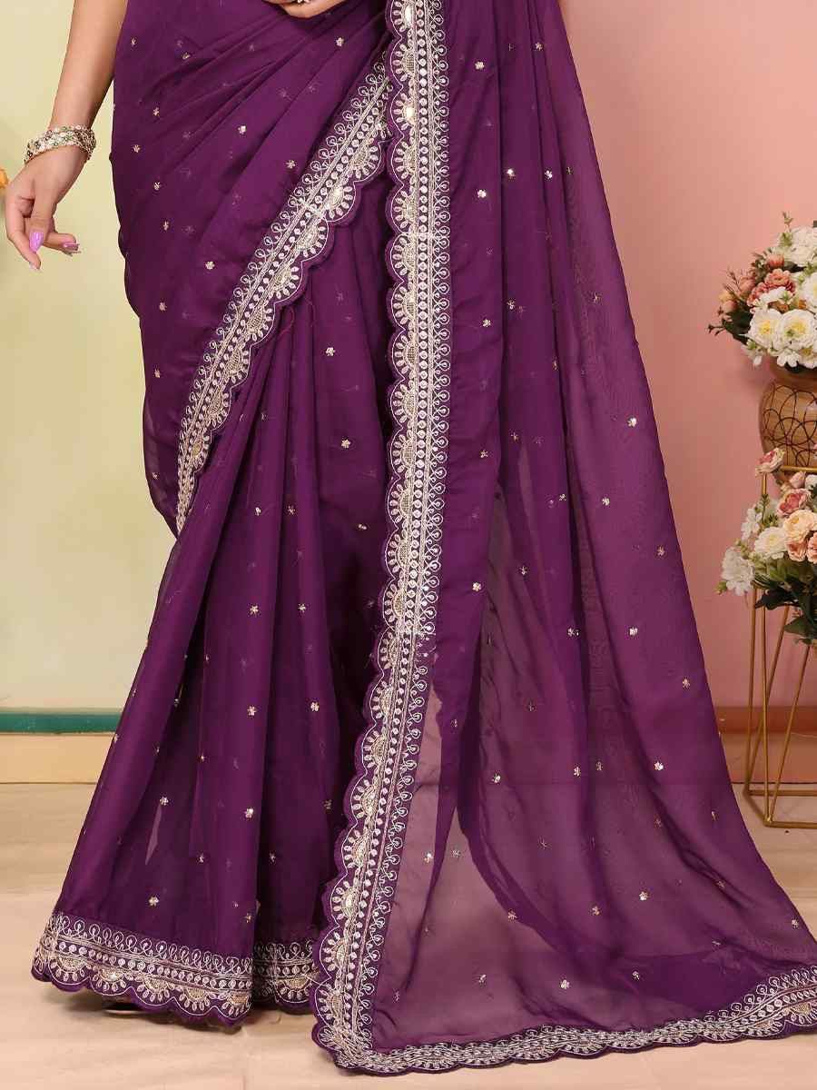 Wine Organza Embroidery Traditional Festival Reception Festival Wedding Fancy Heavy Border Saree
