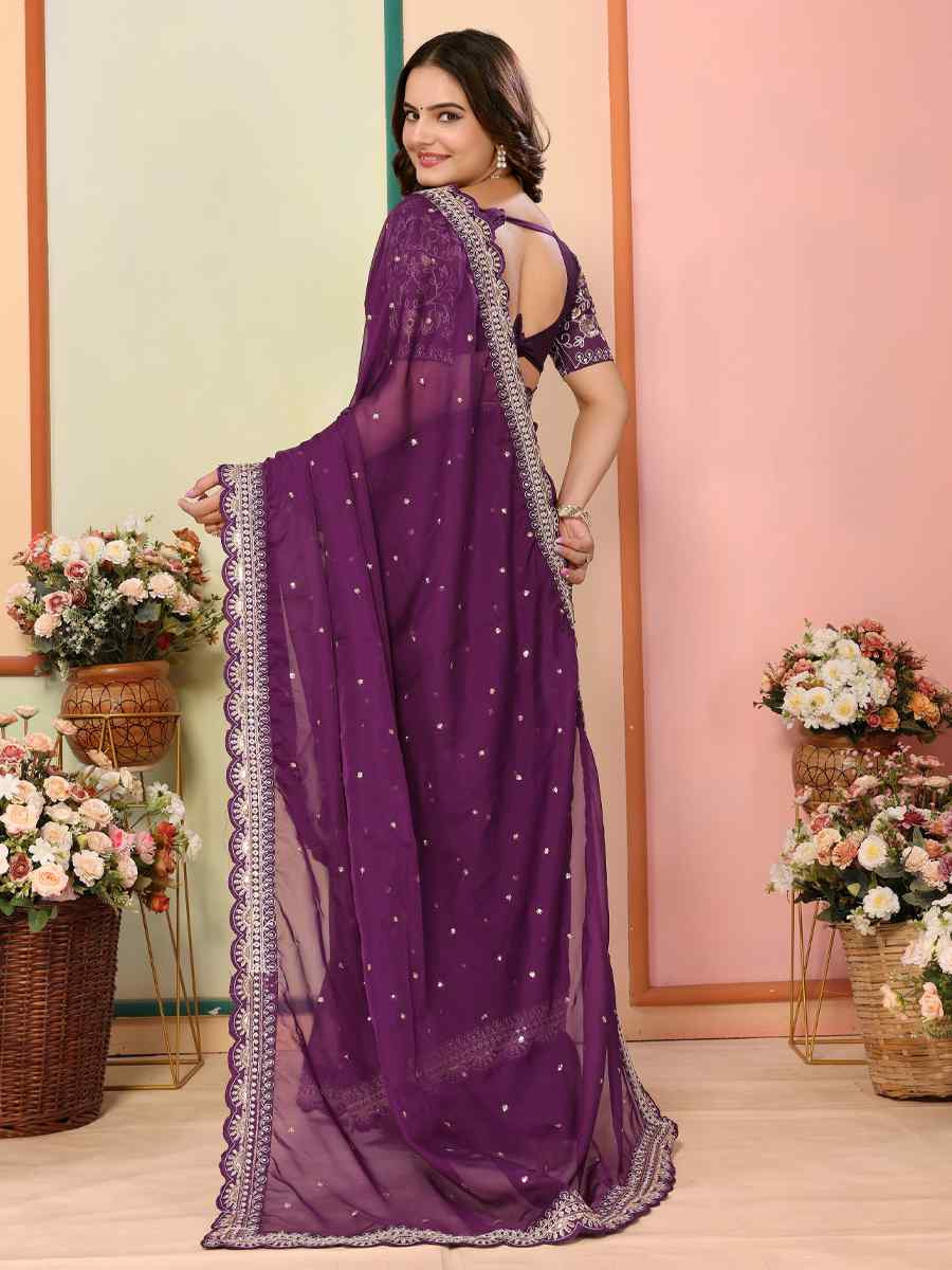 Wine Organza Embroidery Traditional Festival Reception Festival Wedding Fancy Heavy Border Saree