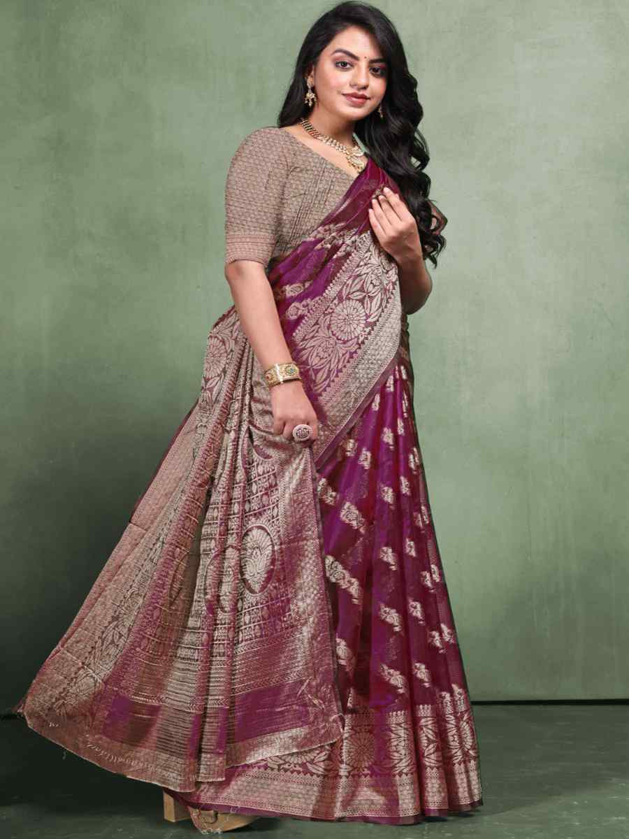 Wine Organza Silk  Handwoven Zari Bridal Reception Festival Wedding Fancy Heavy Border Saree