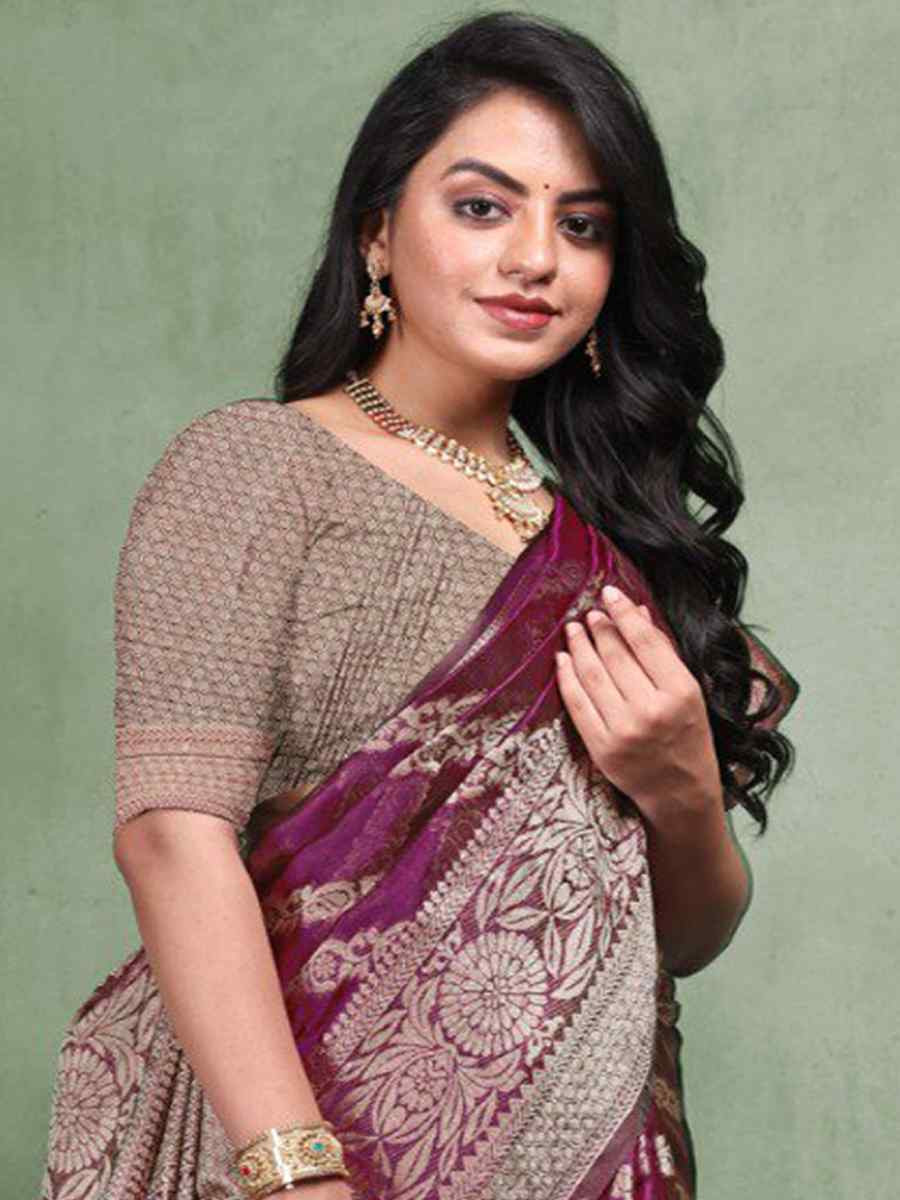 Wine Organza Silk  Handwoven Zari Bridal Reception Festival Wedding Fancy Heavy Border Saree