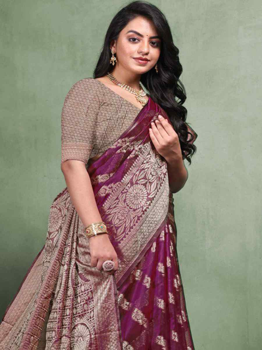 Wine Organza Silk Handwoven Zari Bridal Reception Festival Wedding Fancy Heavy Border Saree