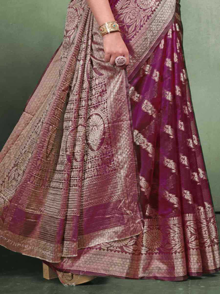 Wine Organza Silk  Handwoven Zari Bridal Reception Festival Wedding Fancy Heavy Border Saree
