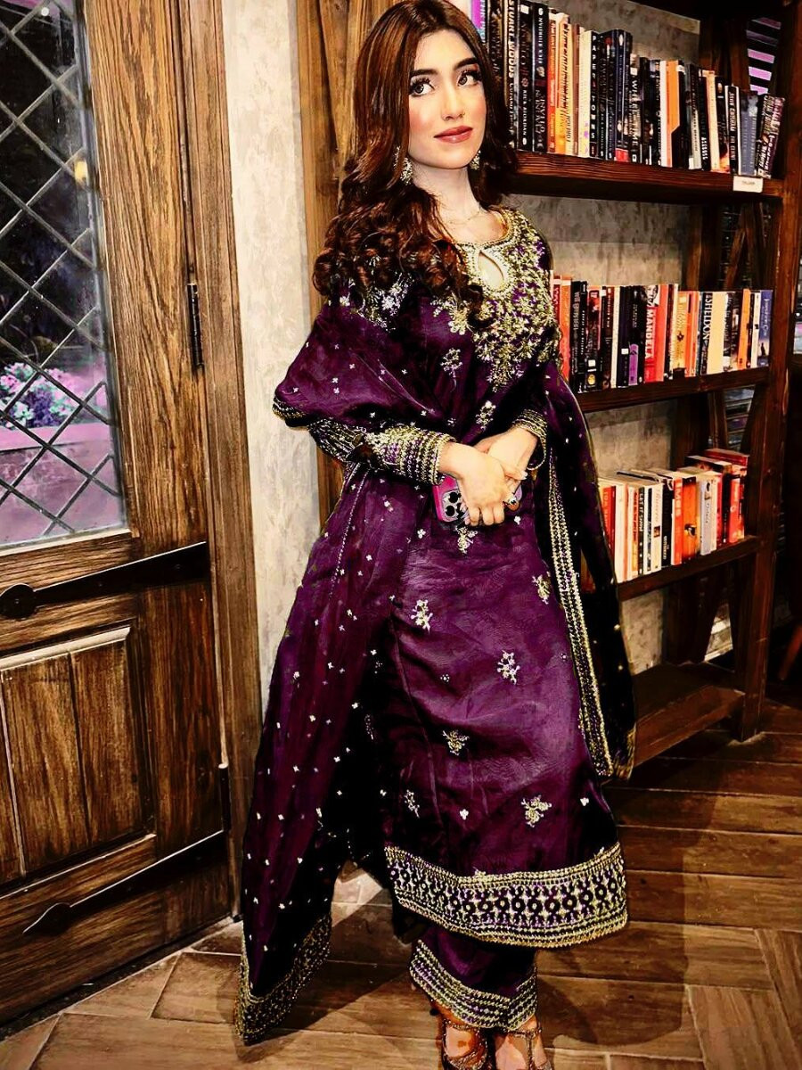 Wine Organza silk Embroidery Zari Sequins Wedding Party Festival Casual Ready Palazzo Pant Salwar Kameez