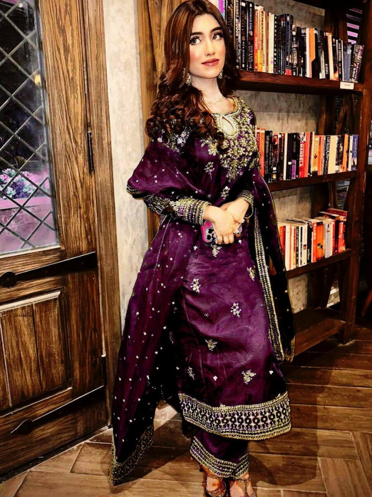 Image of Wine Organza silk Embroidery Zari Sequins Wedding Party Festival Casual Ready Palazzo Pant Salwar Kameez