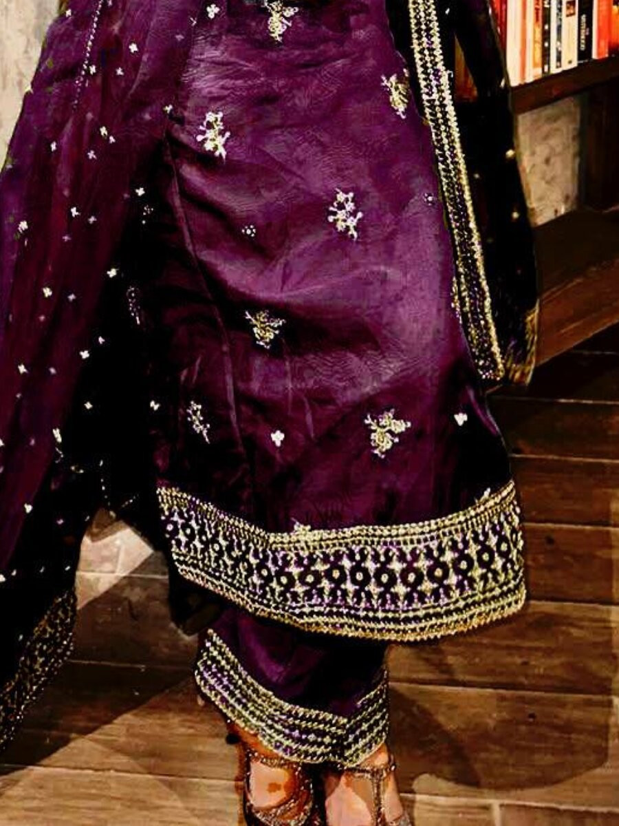 Wine Organza silk Embroidery Zari Sequins Wedding Party Festival Casual Ready Palazzo Pant Salwar Kameez