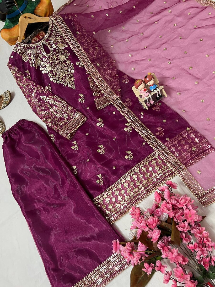 Wine Organza silk Embroidery Zari Sequins Wedding Party Festival Casual Ready Palazzo Pant Salwar Kameez