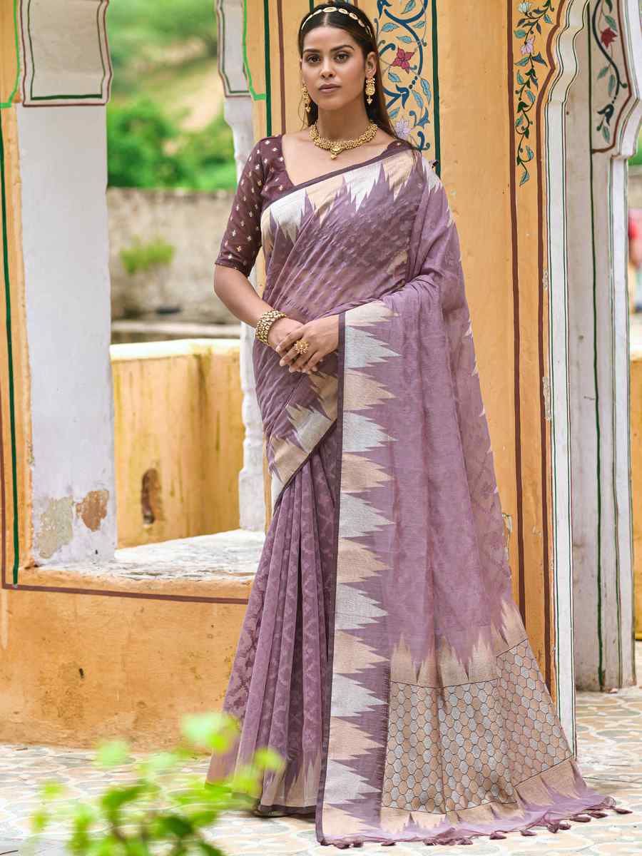 Wine Organza Silk Handwoven Party Festival Heavy Border Saree