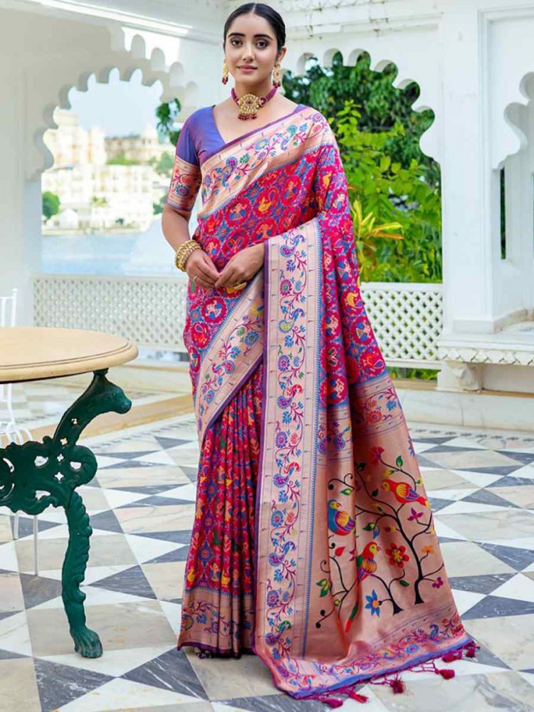 Wine Paithani Silk Handwoven Wedding Festival Heavy Border Saree