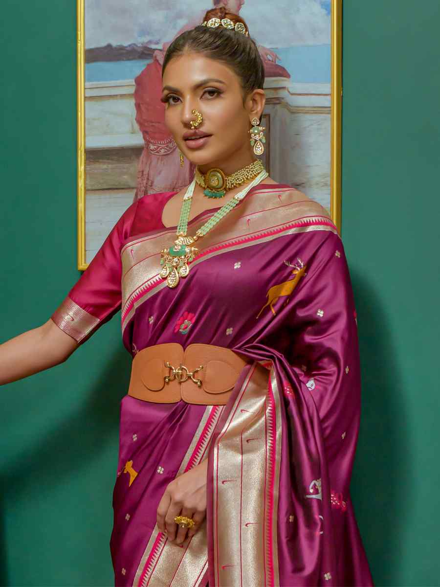 Wine Paithani Silk Handwoven Wedding Festival Heavy Border Saree