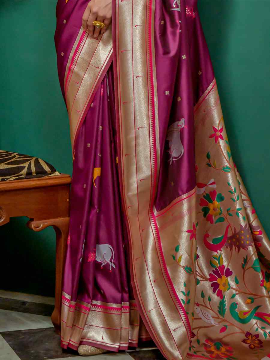 Wine Paithani Silk Handwoven Wedding Festival Heavy Border Saree