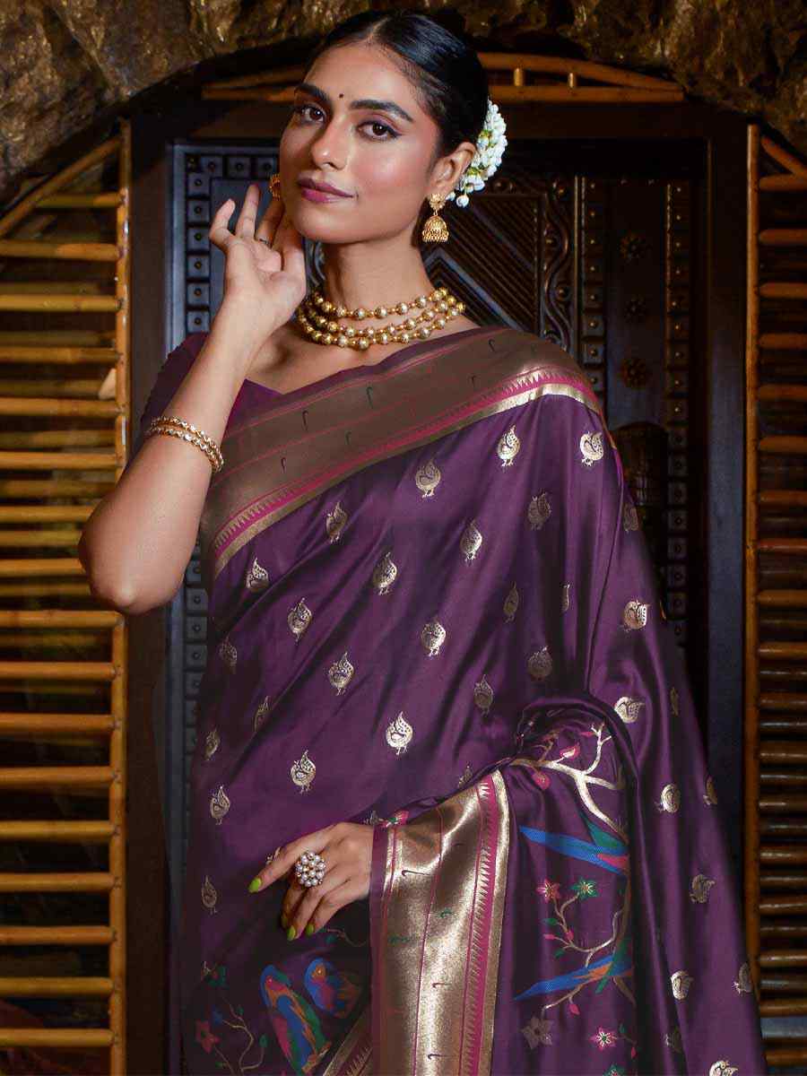 Wine Paithani Silk Handwoven Wedding Festival Heavy Border Saree