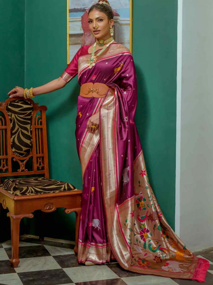 Wine Paithani Silk Handwoven Wedding Festival Heavy Border Saree