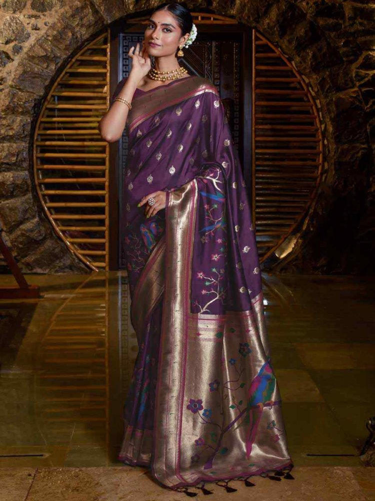 Wine Paithani Silk Handwoven Wedding Festival Heavy Border Saree