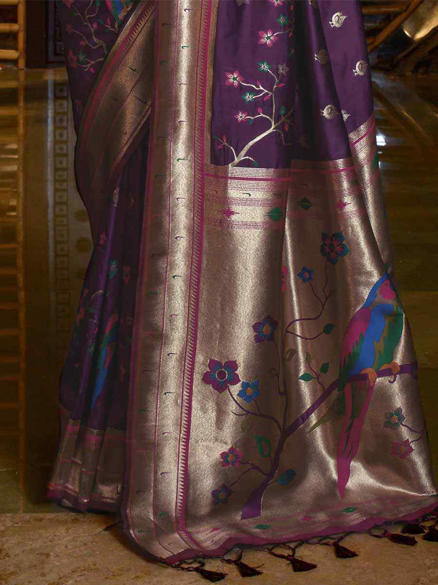 Wine Paithani Silk Handwoven Wedding Festival Heavy Border Saree