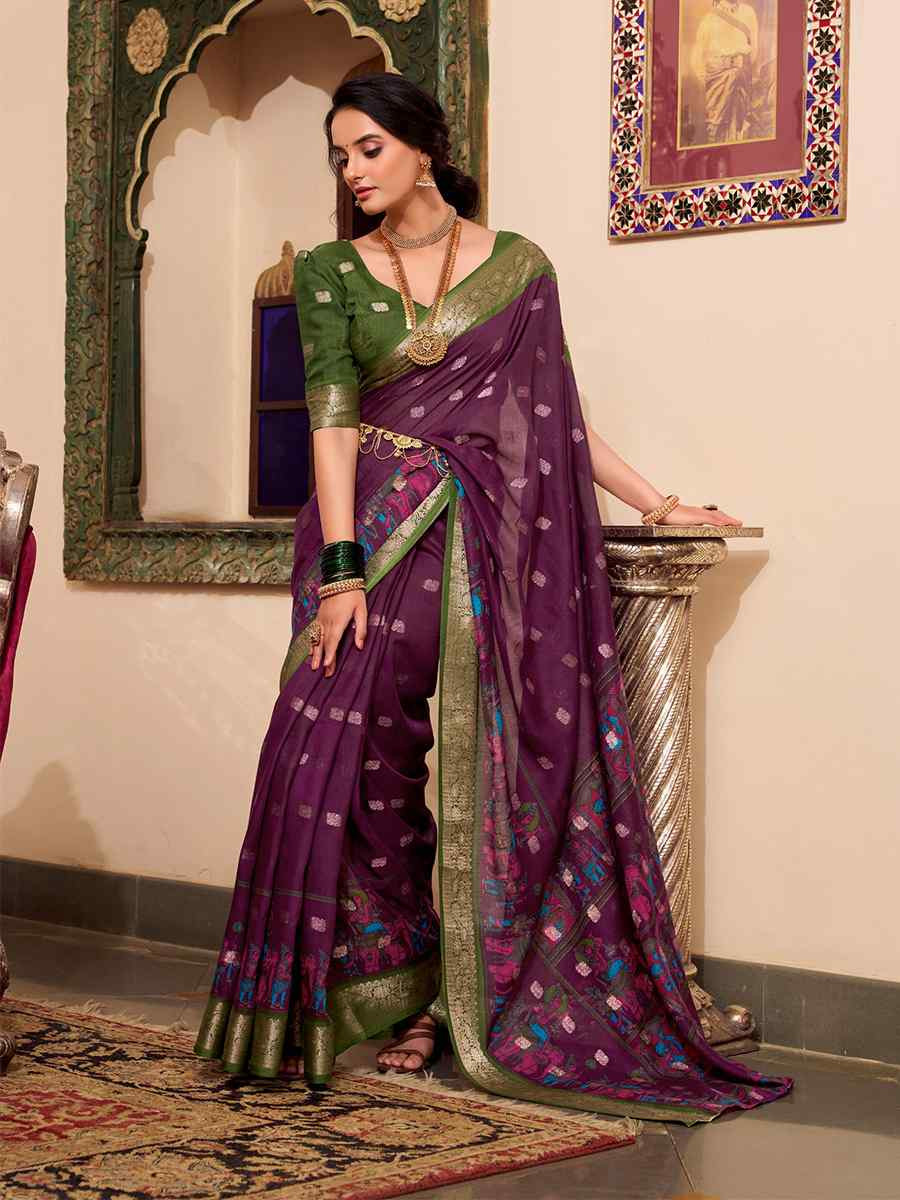 Wine Poly Cotton Handwoven Festival Wedding Fancy Heavy Border Saree