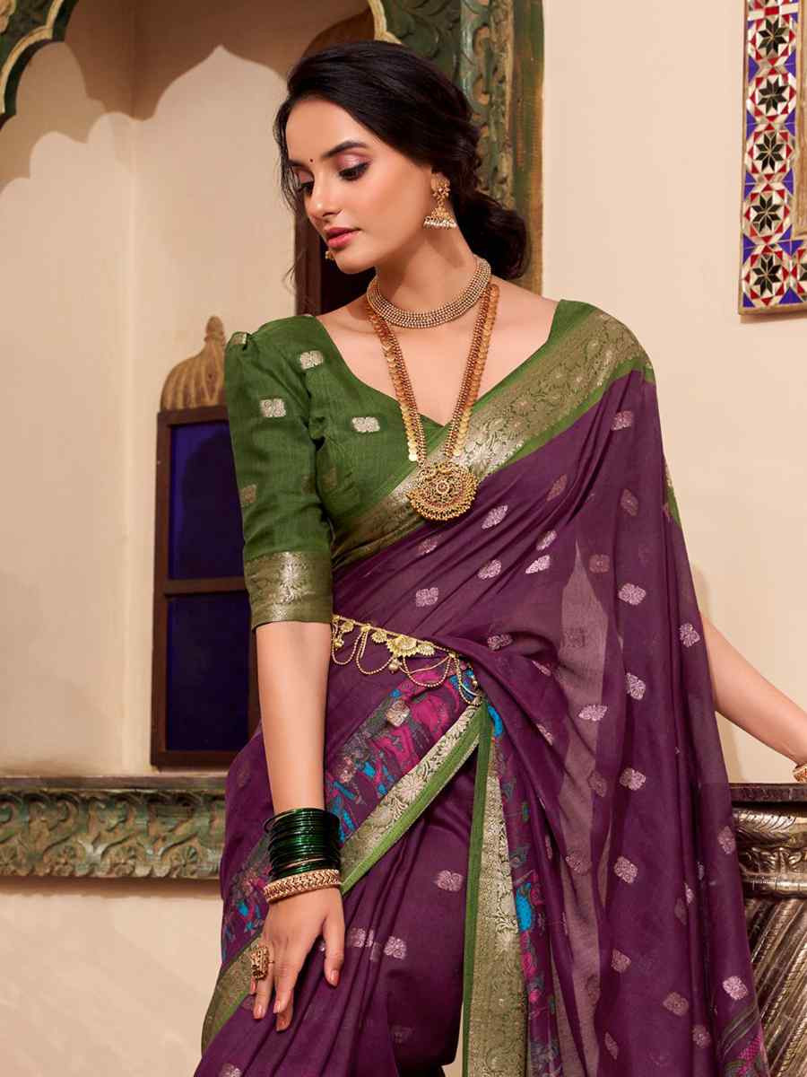 Wine Poly Cotton Handwoven Festival Wedding Fancy Heavy Border Saree