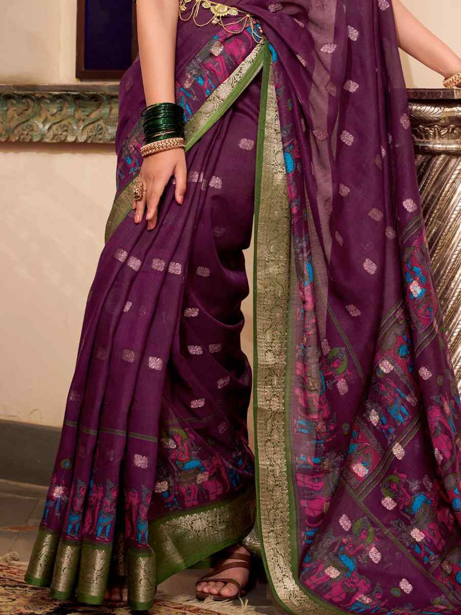 Wine Poly Cotton Handwoven Festival Wedding Fancy Heavy Border Saree