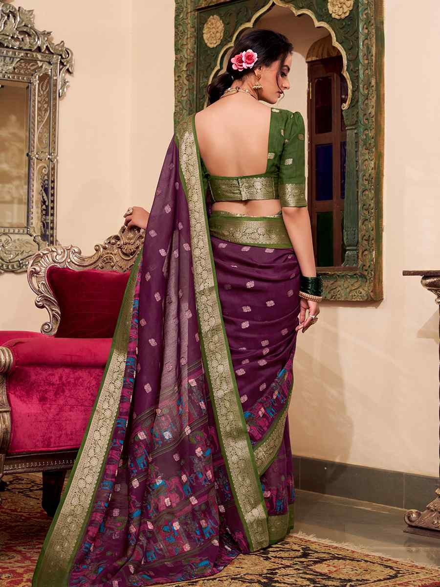 Wine Poly Cotton Handwoven Festival Wedding Fancy Heavy Border Saree