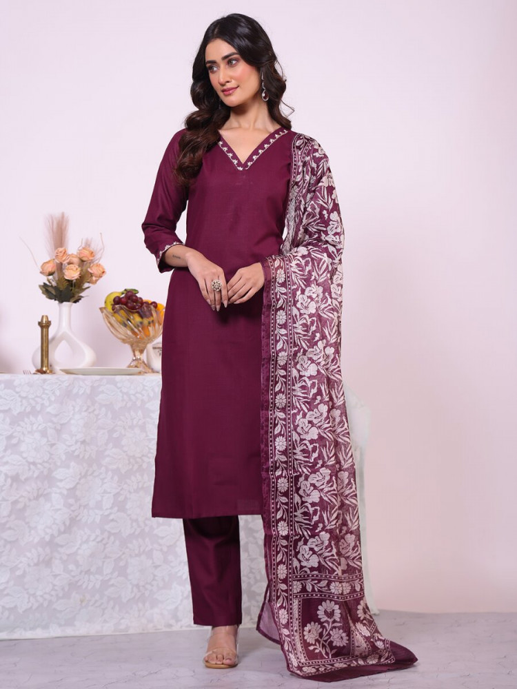Image of Wine Poly Silk Embroidery Wedding Party Festival Casual Ready Pant Salwar Kameez