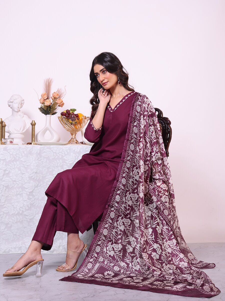 Wine Poly Silk Embroidery Wedding Party Festival Casual Ready Pant Salwar Kameez