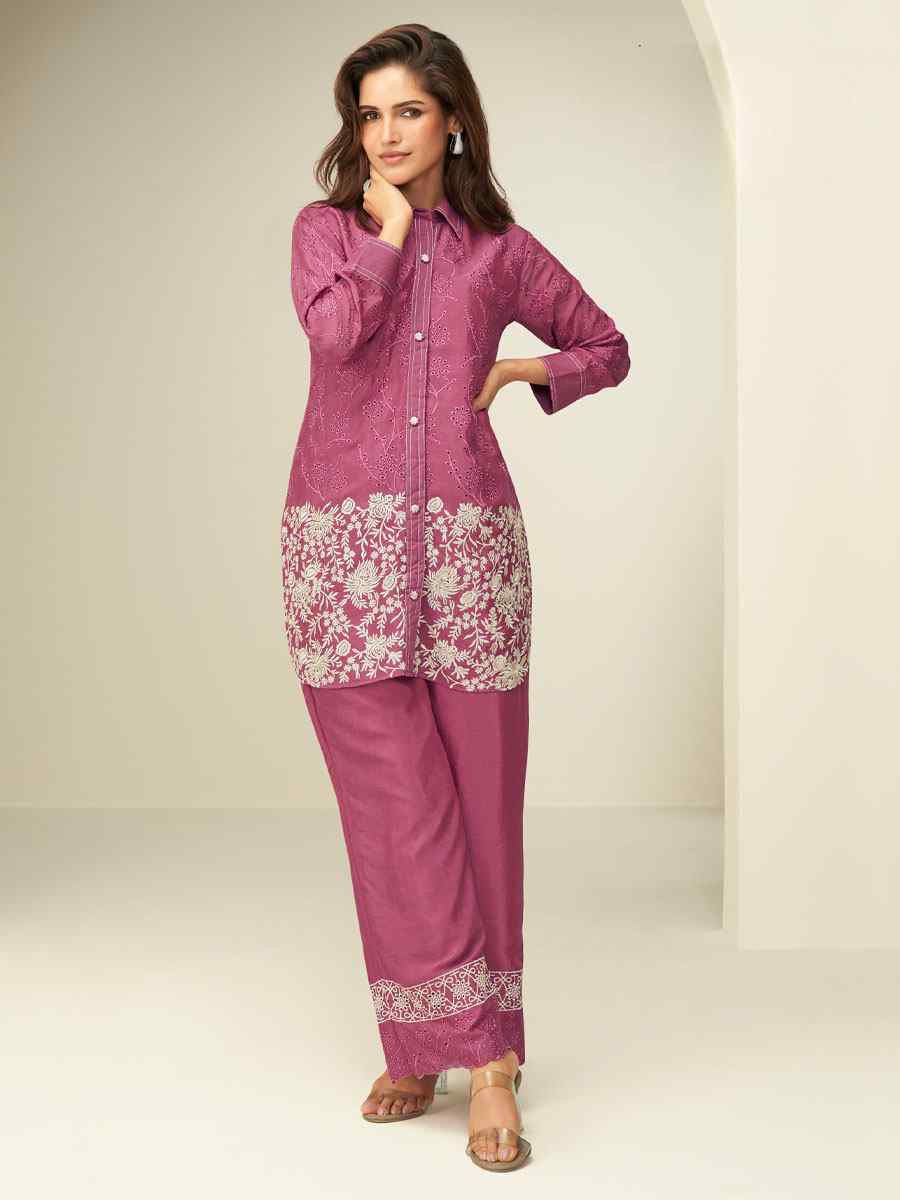 Wine Premium Chinon Silk Embroidered Festival Casual Kurti with Bottom