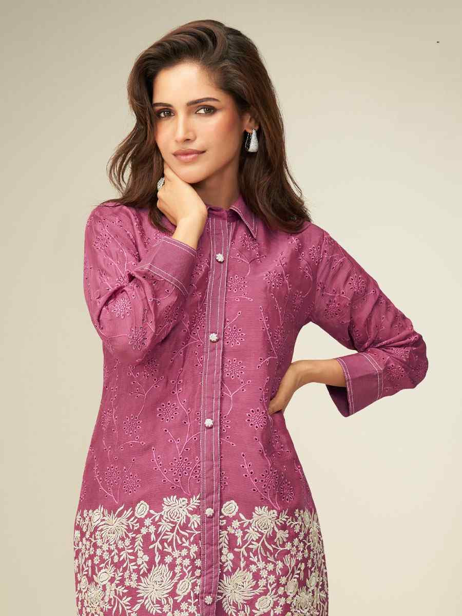 Wine Premium Chinon Silk Embroidered Festival Casual Kurti with Bottom