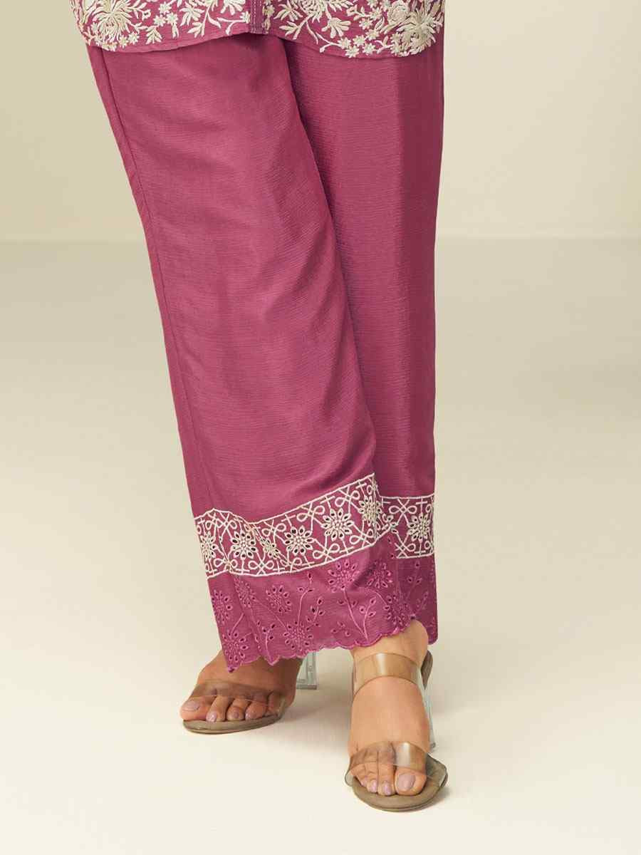 Wine Premium Chinon Silk Embroidered Festival Casual Kurti with Bottom