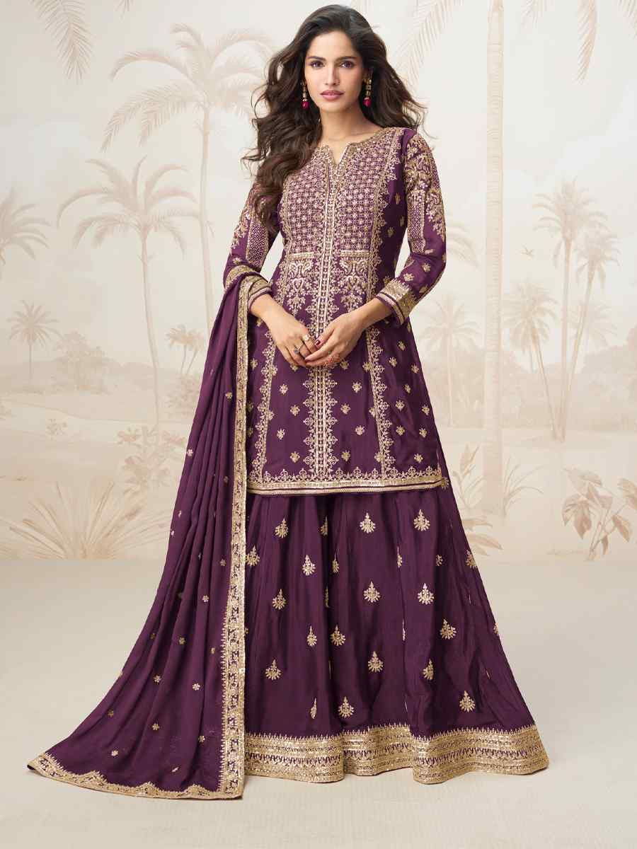 Wine Premium Chinon Silk Embroidered Festival Casual Ready Sharara Pant Salwar Kameez