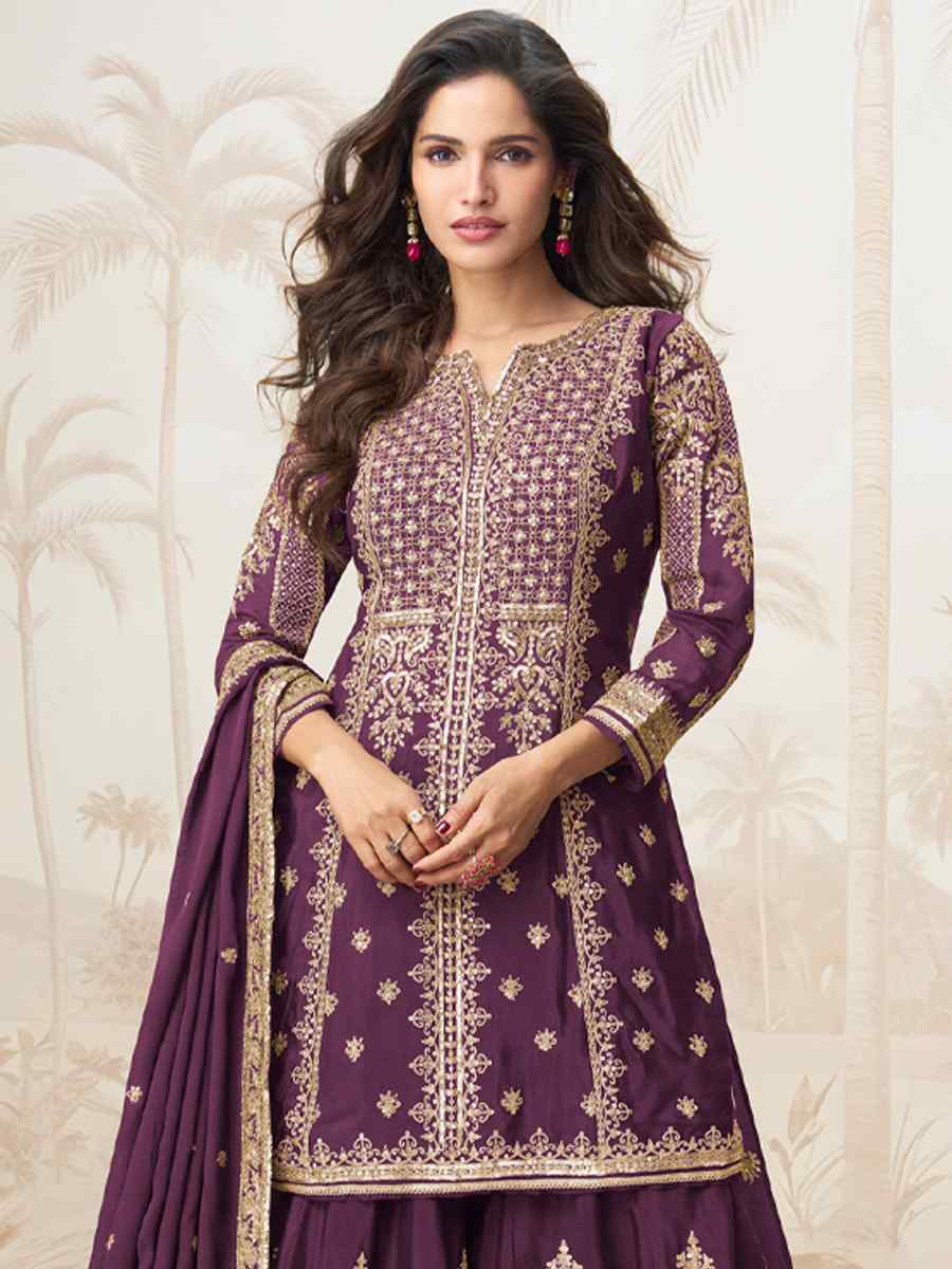Wine Premium Chinon Silk Embroidered Festival Casual Ready Sharara Pant Salwar Kameez
