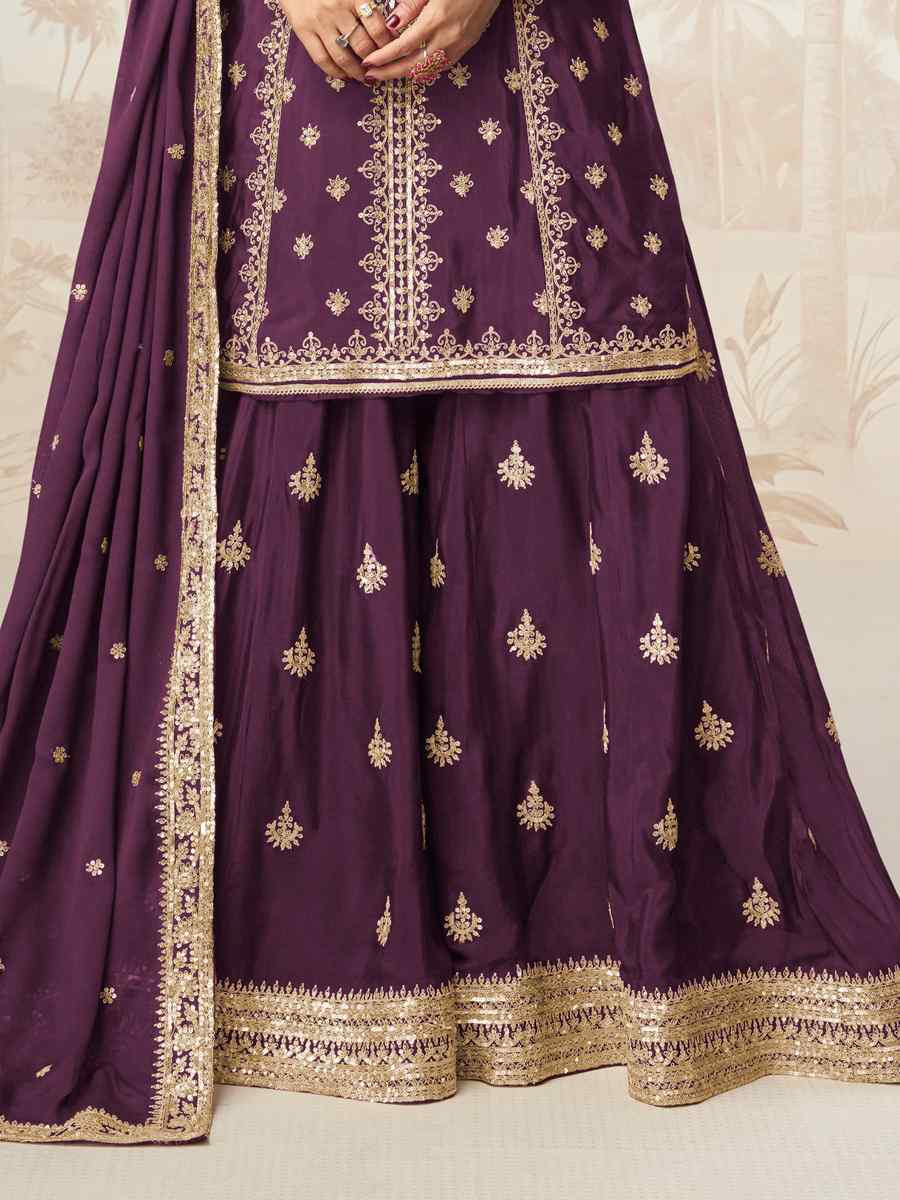 Wine Premium Chinon Silk Embroidered Festival Casual Ready Sharara Pant Salwar Kameez