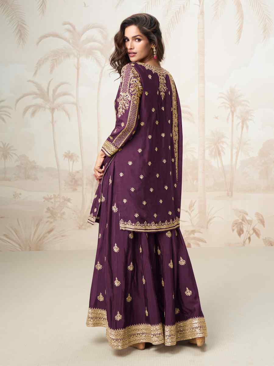 Wine Premium Chinon Silk Embroidered Festival Casual Ready Sharara Pant Salwar Kameez
