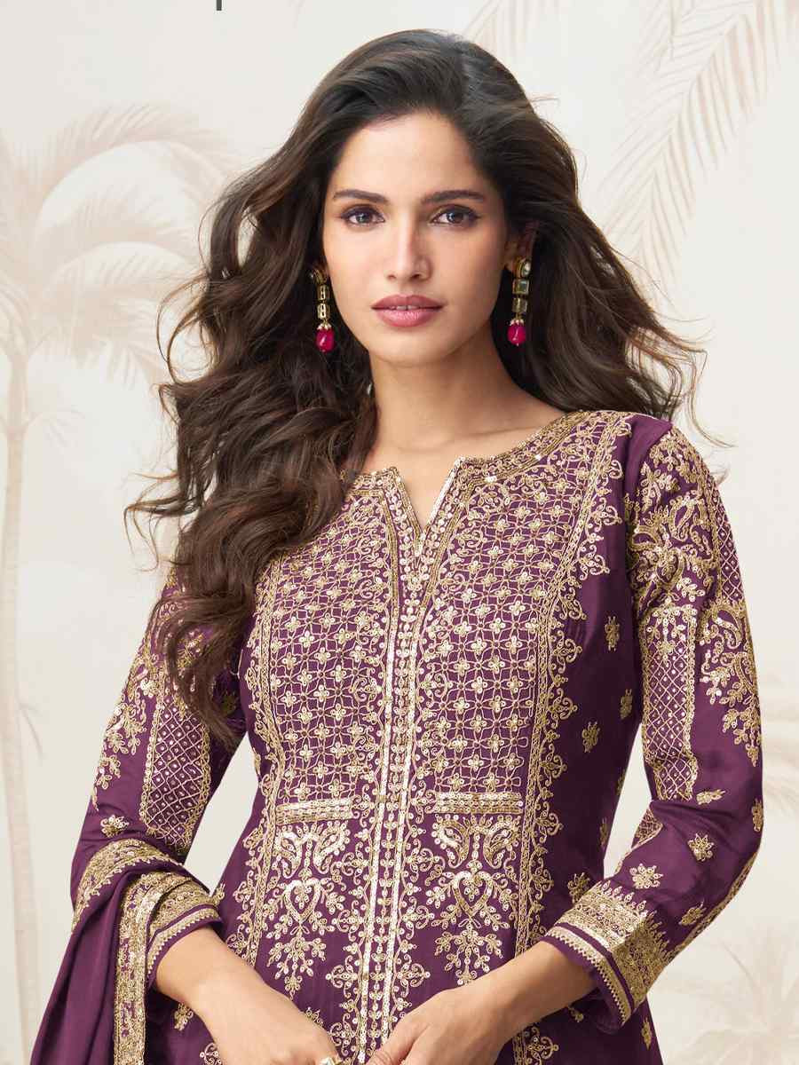 Wine Premium Chinon Silk Embroidered Festival Casual Ready Sharara Pant Salwar Kameez