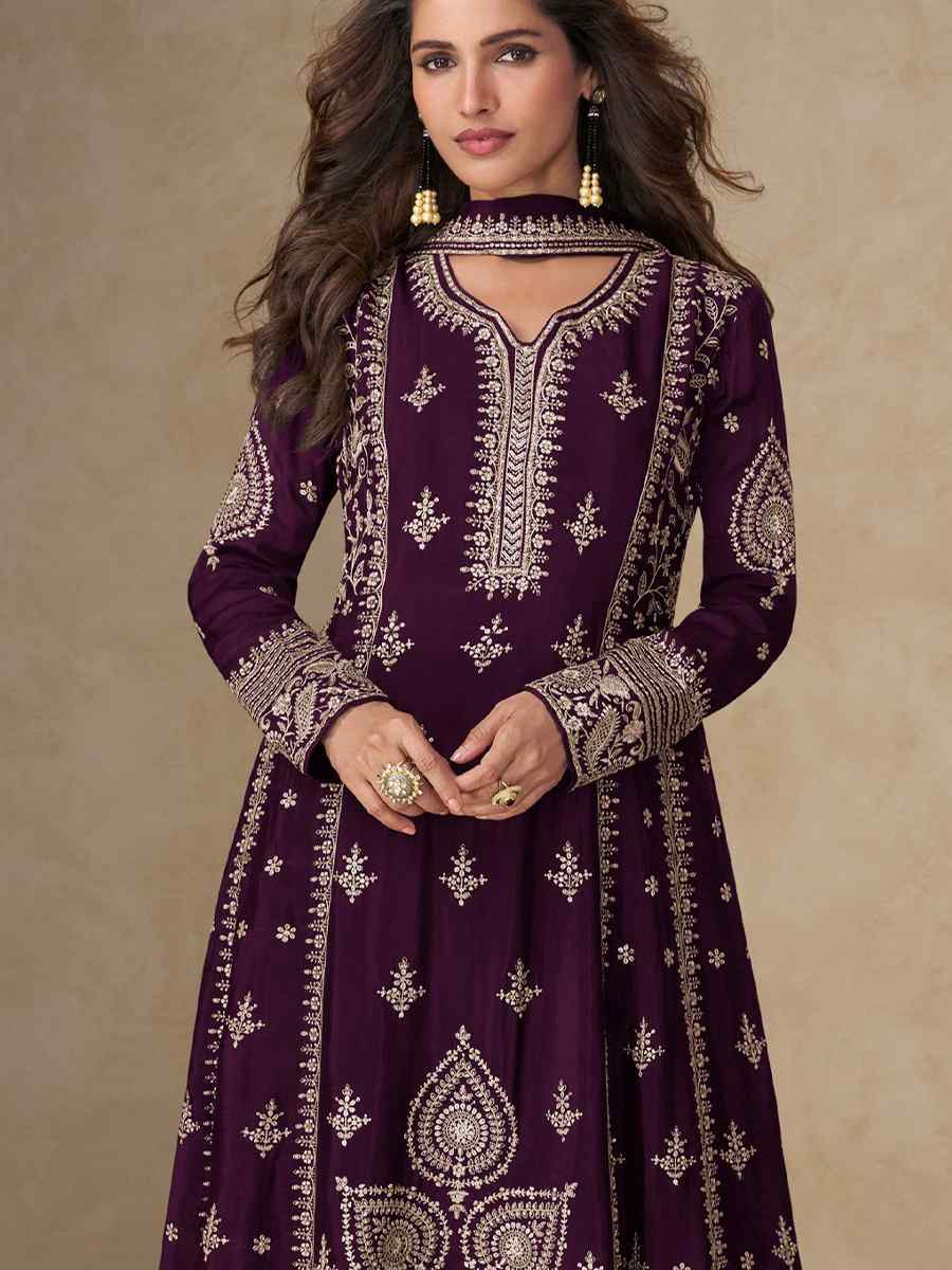 Wine Premium Chinon Silk Embroidery Party Wedding Festival Casual Ready Pant Salwar Kameez