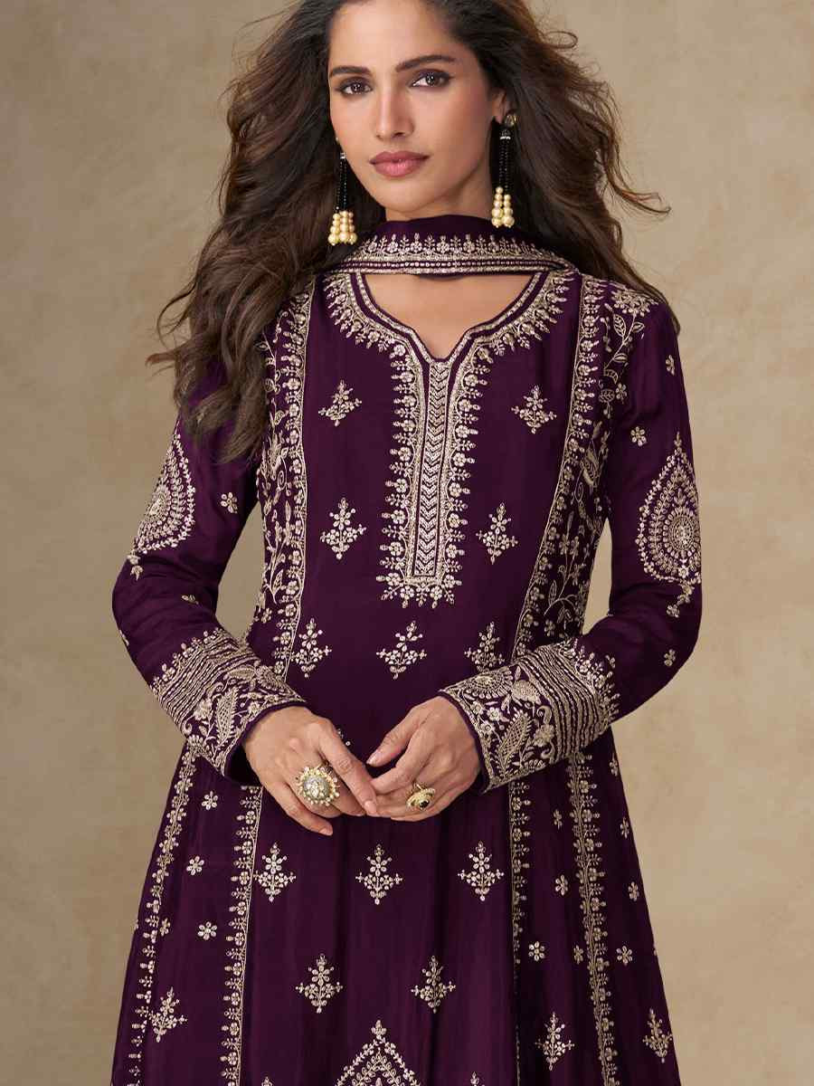 Wine Premium Chinon Silk Embroidery Party Wedding Festival Casual Ready Pant Salwar Kameez