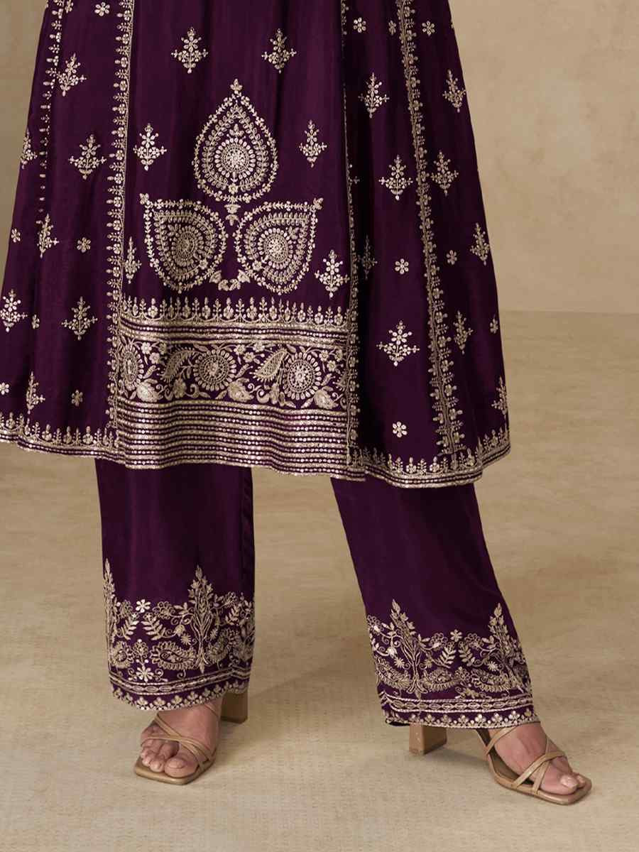 Wine Premium Chinon Silk Embroidery Party Wedding Festival Casual Ready Pant Salwar Kameez