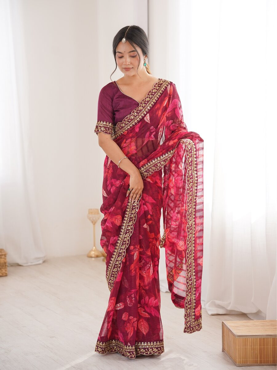Wine Premium Georgette Chiffon Embroidery Sequins Flower Printed Wedding Reception Party Festival Casual Heavy Border Sarees