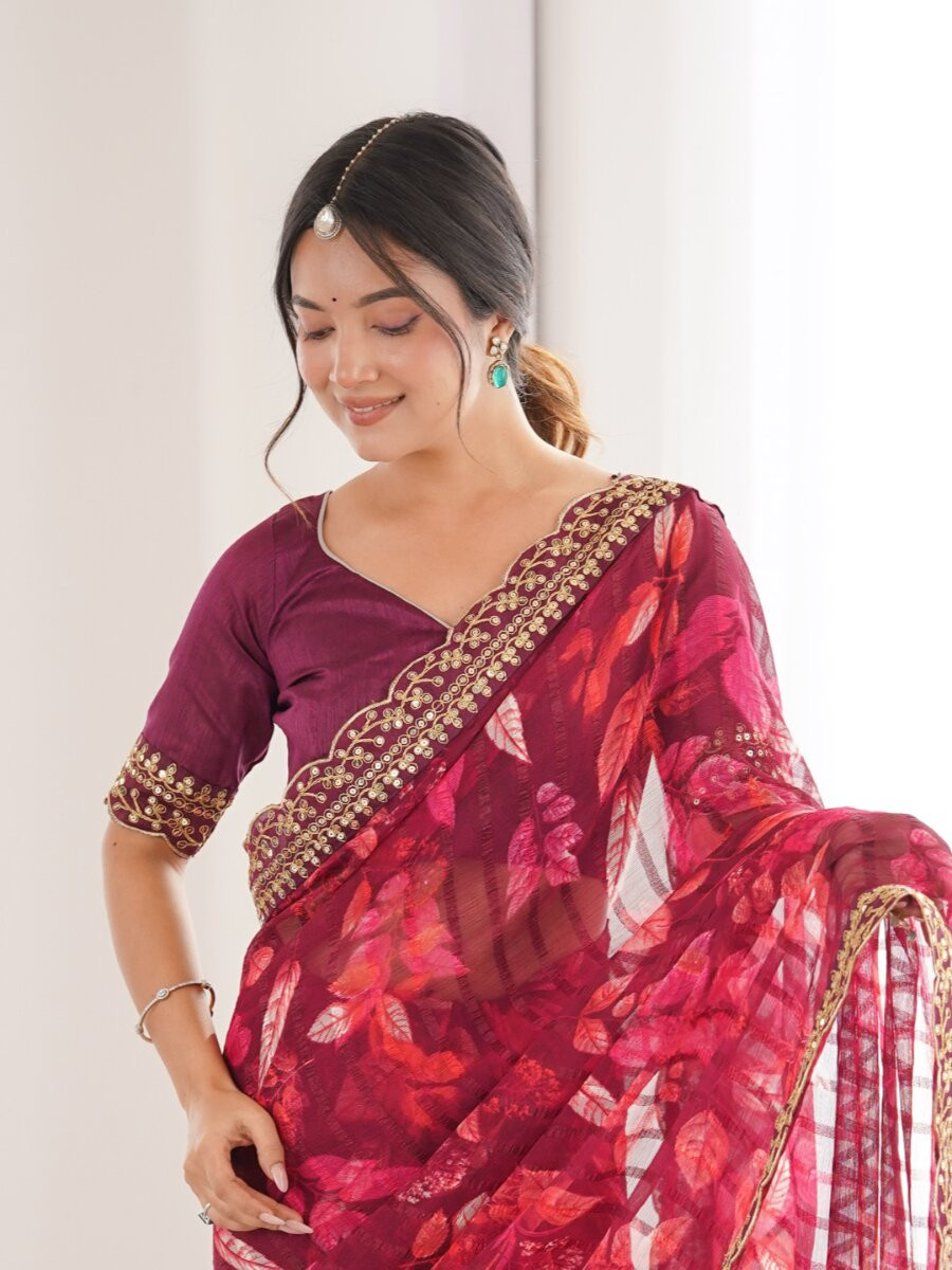Wine Premium Georgette Chiffon Embroidery Sequins Flower Printed Wedding Reception Party Festival Casual Heavy Border Sarees