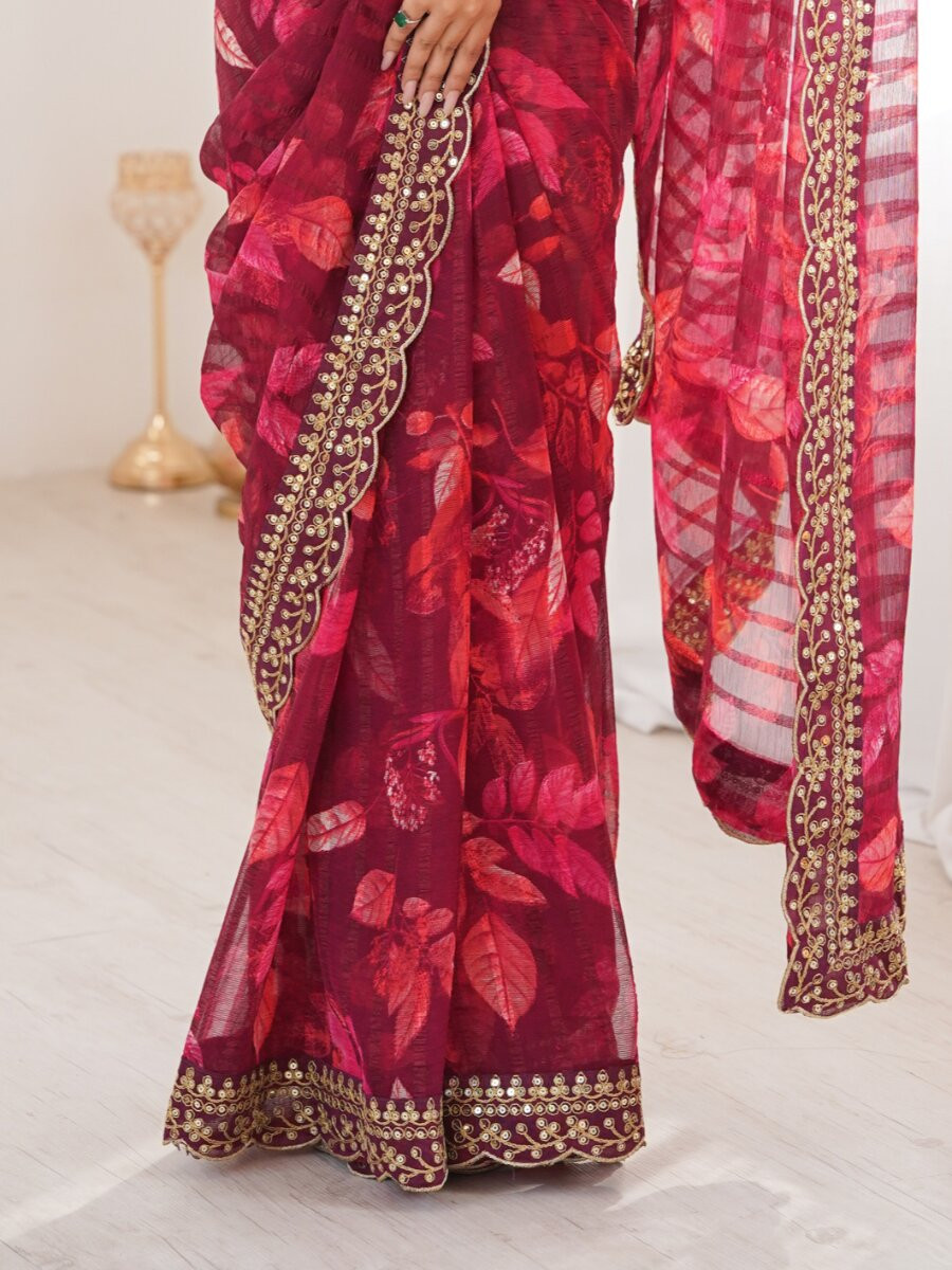 Wine Premium Georgette Chiffon Embroidery Sequins Flower Printed Wedding Reception Party Festival Casual Heavy Border Sarees