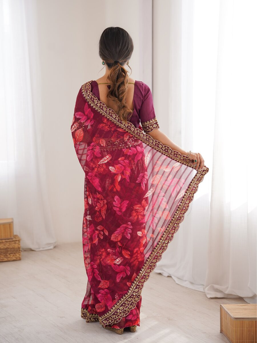 Wine Premium Georgette Chiffon Embroidery Sequins Flower Printed Wedding Reception Party Festival Casual Heavy Border Sarees