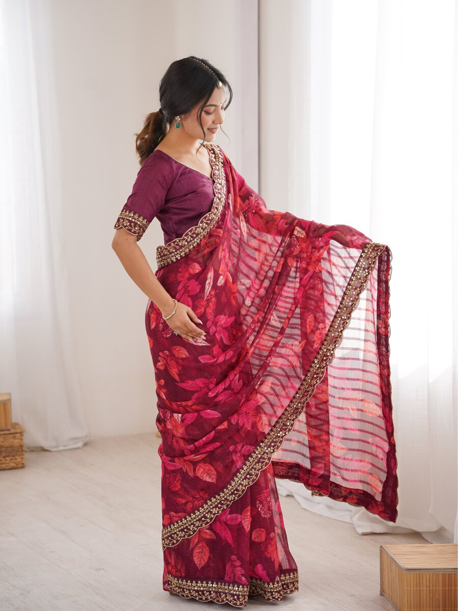 Wine Premium Georgette Chiffon Embroidery Sequins Flower Printed Wedding Reception Party Festival Casual Heavy Border Sarees