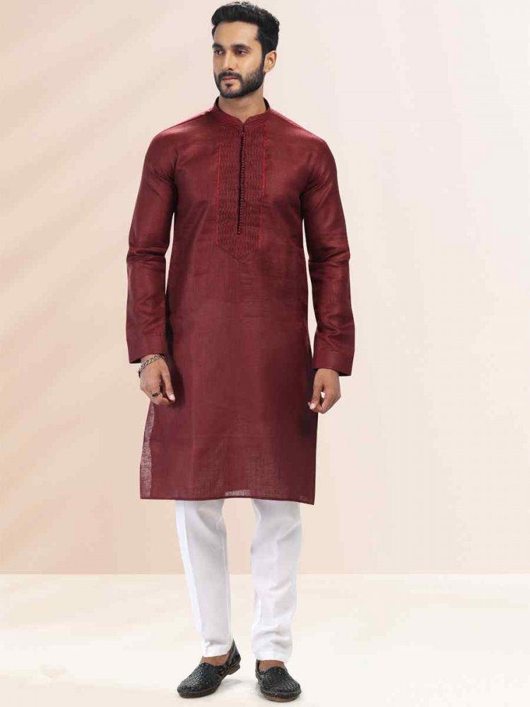 Wine Premium Linen Cotton Woven Festival Party Kurta