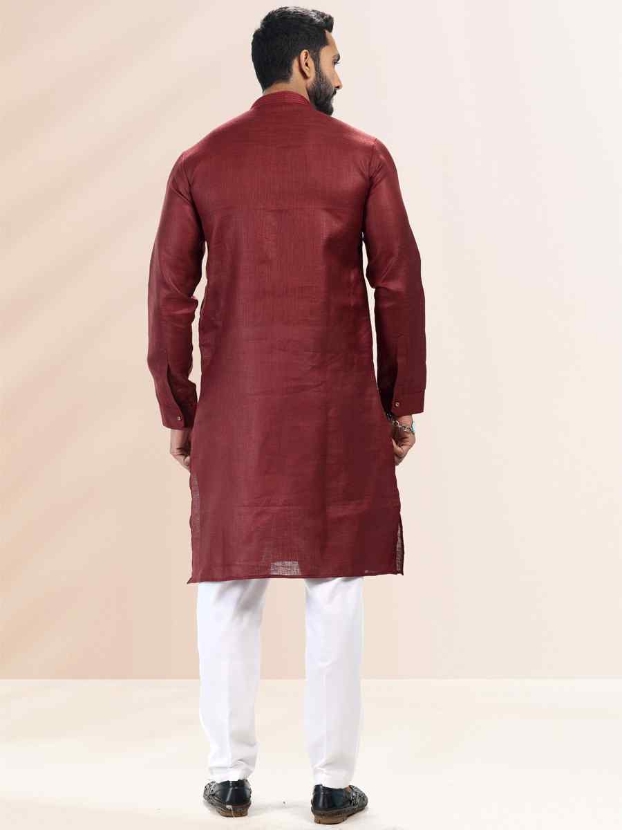 Wine Premium Linen Cotton Woven Festival Party Kurta