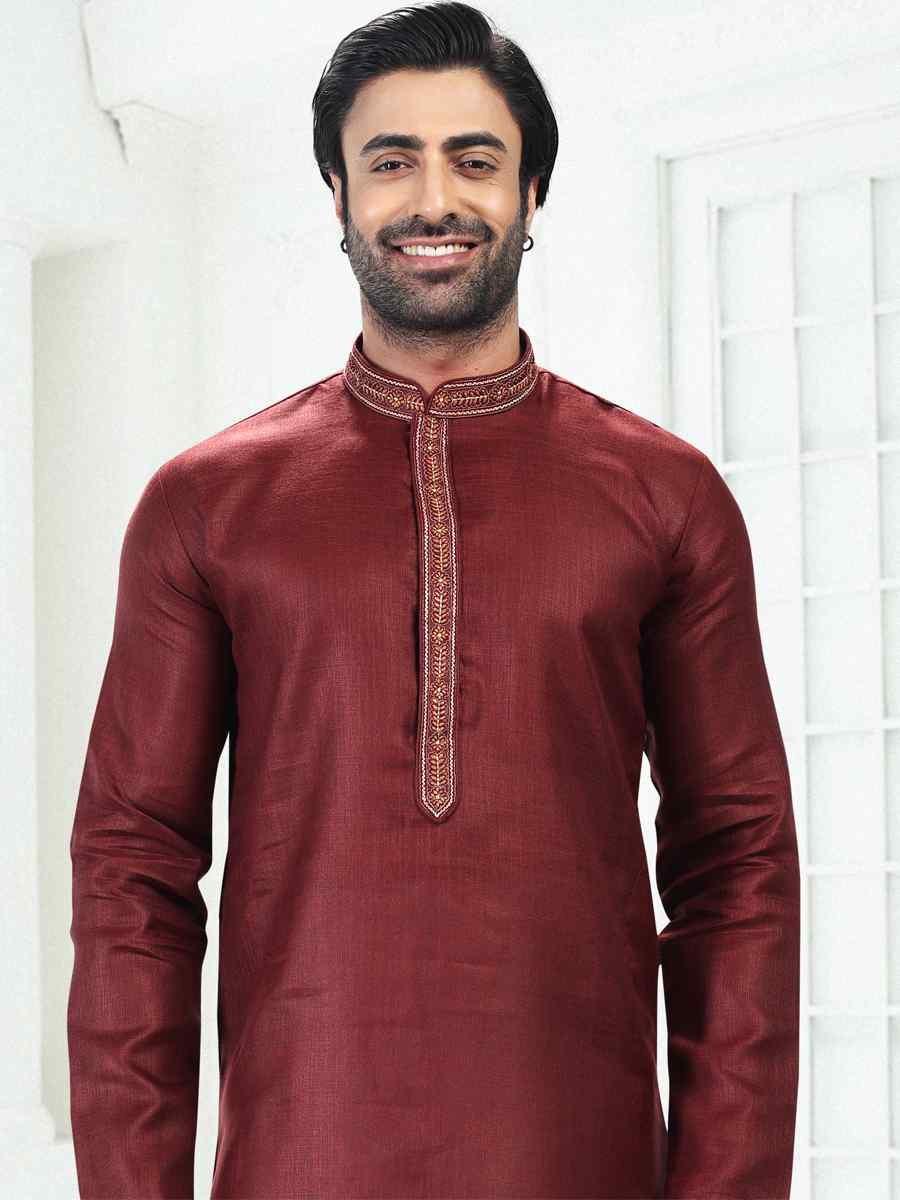 Wine Premium Linen Cotton Woven Festival Wedding Kurta