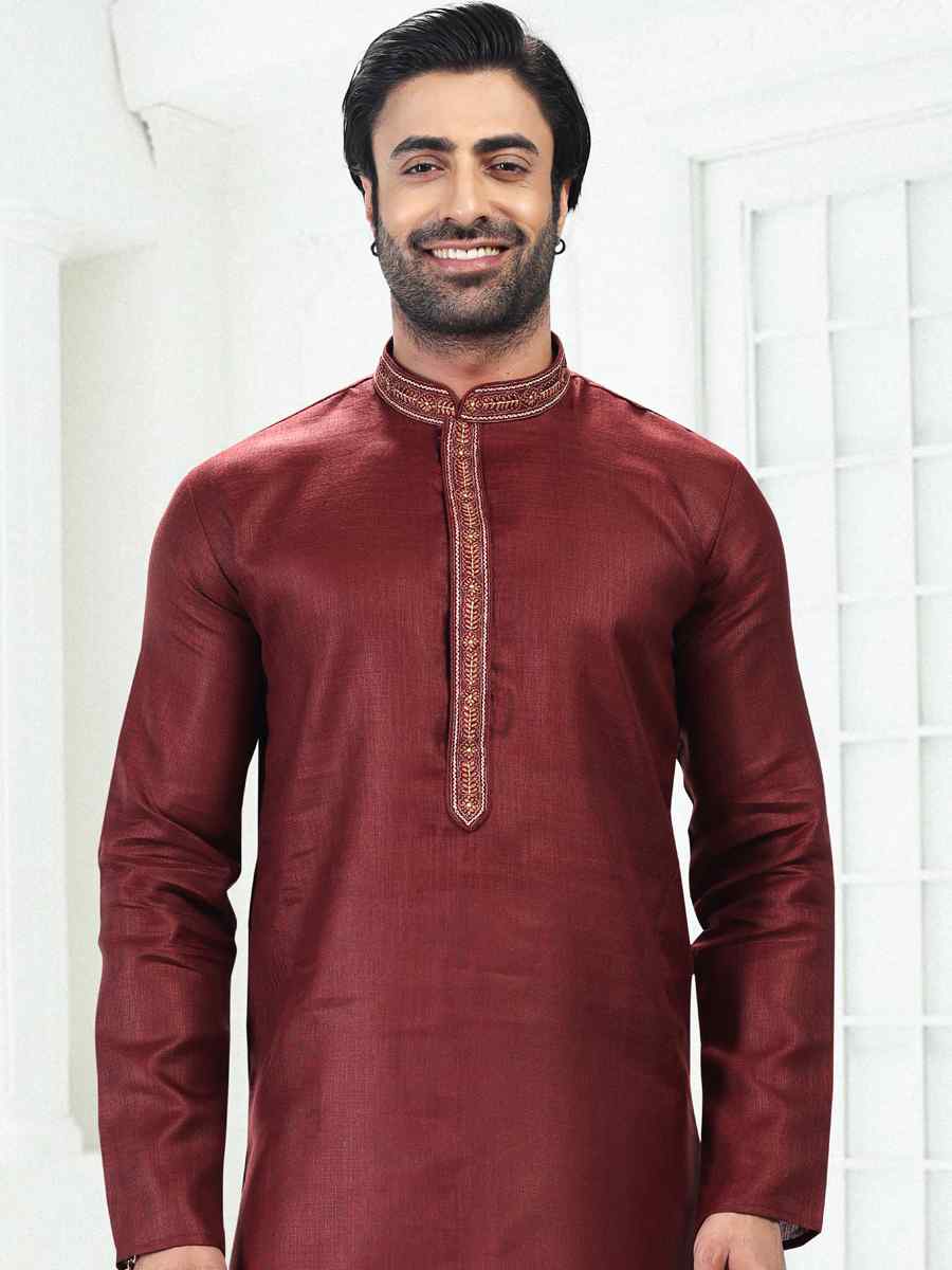 Wine Premium Linen Cotton Woven Festival Wedding Kurta