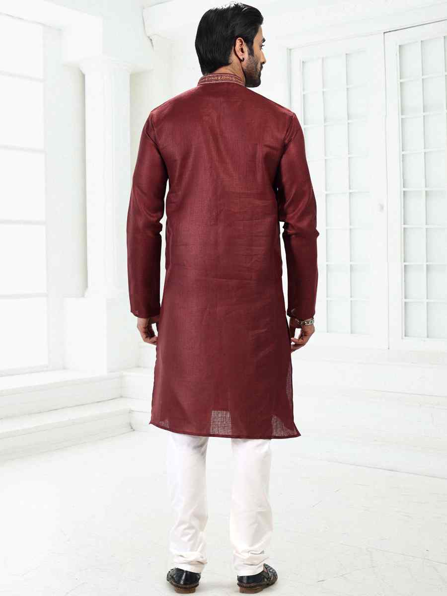 Wine Premium Linen Cotton Woven Festival Wedding Kurta