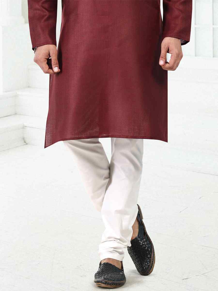 Wine Premium Linen Cotton Woven Festival Wedding Kurta