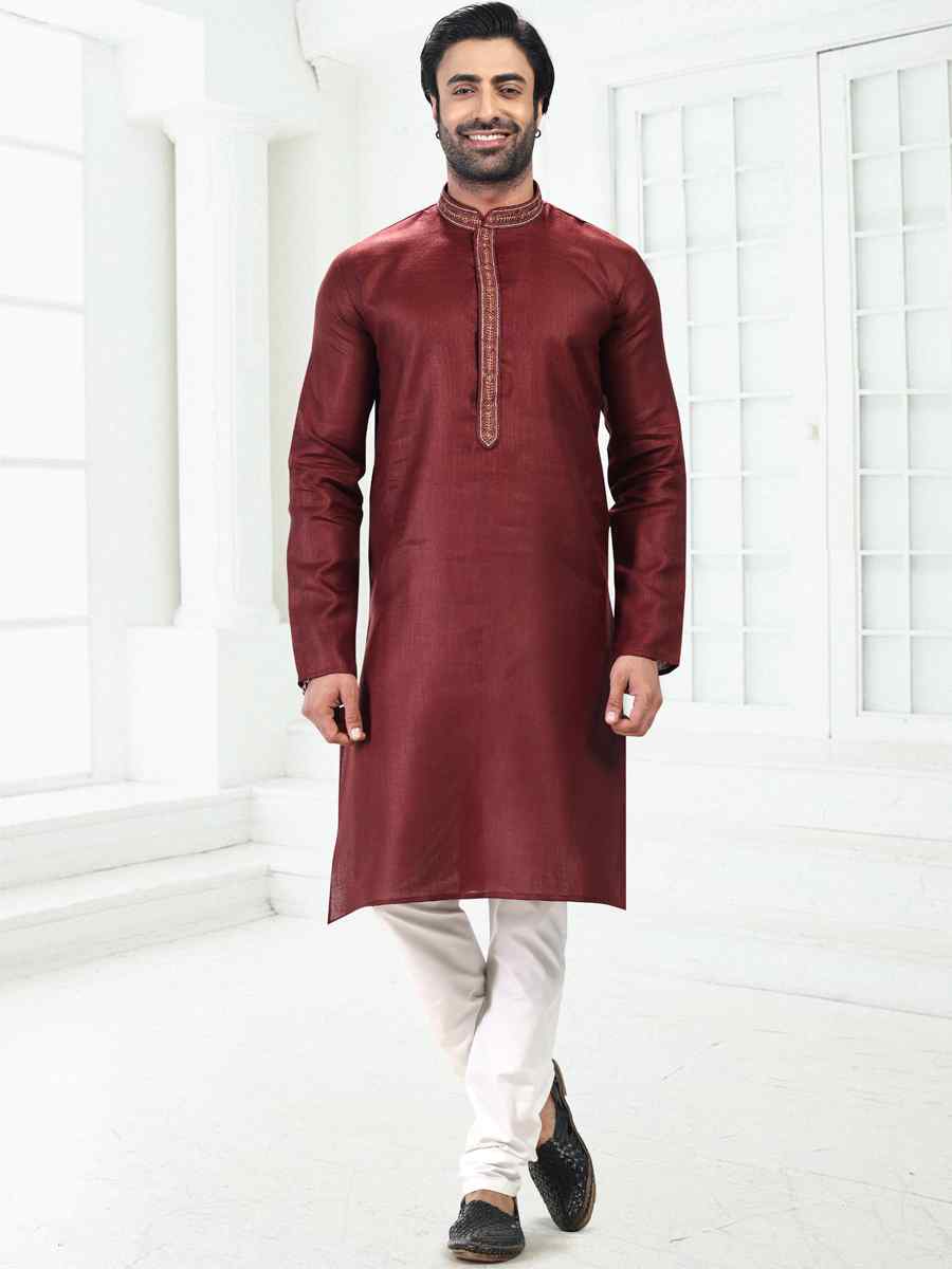 Wine Premium Linen Cotton Woven Festival Wedding Kurta