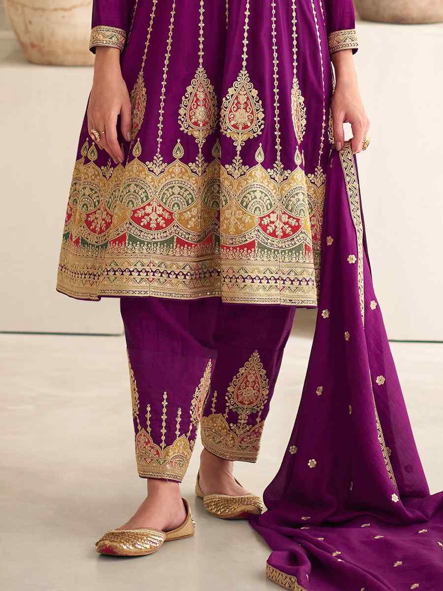 Wine Premium Silk Embroidered Festival Wedding Patiala Salwar Kameez