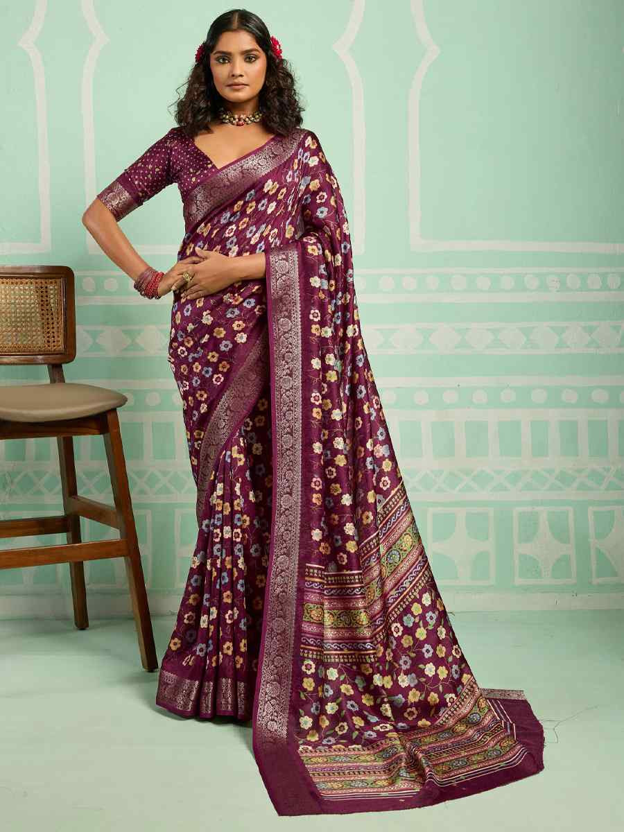 Wine Printed Handwoven Traditional Bridal Reception Festival Wedding Fancy Classic Style Sarees